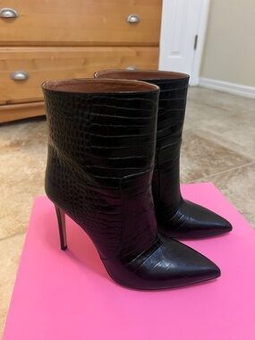 Paris Texas Black Croc-Embossed Pointed Toe Stiletto Ankle Boots